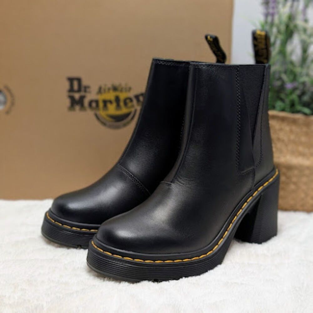 Dr. Martens Spence Black Sendal Leather Flared Heel Chelsea Boots UK 6 NIB